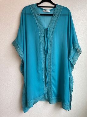 Cupshe Turquoise Lace-Trim Swim Coverup Kaftan • OS one size fits all